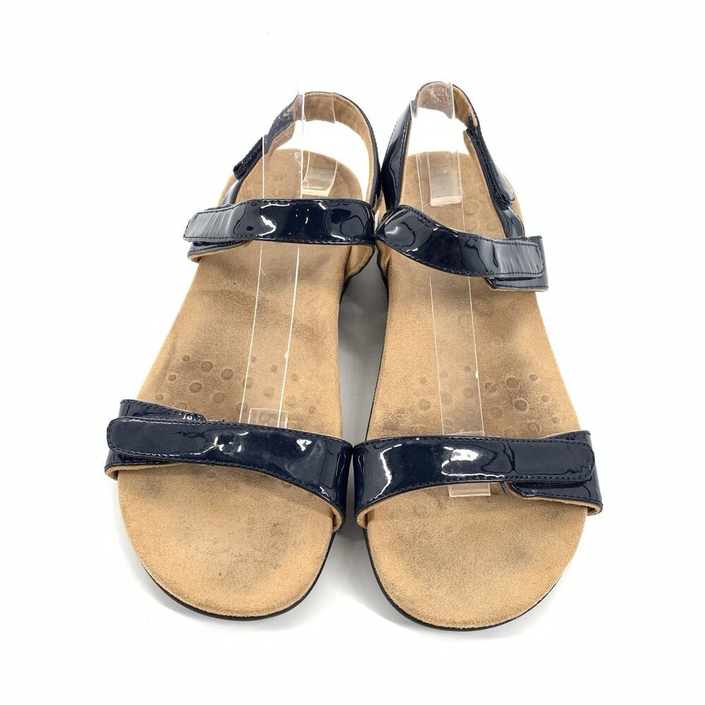 $90 Vionic Farra Patent Leather 3 Strap Orthopedic Sandals 7 Womens Navy Blue - Picture 2 of 8